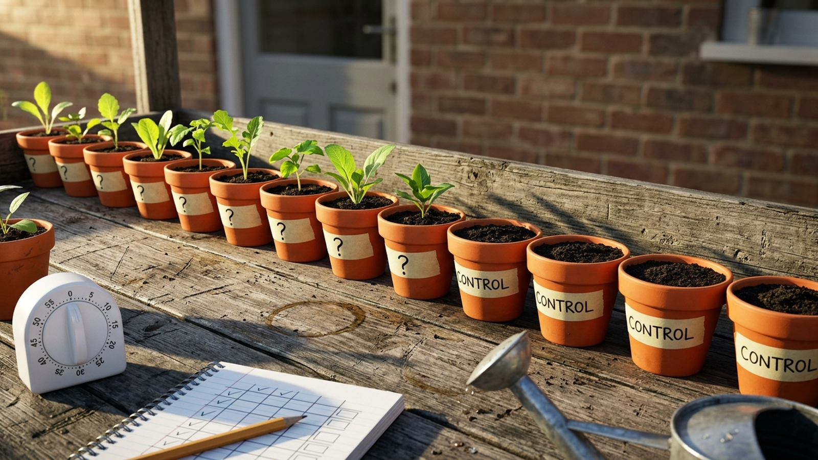Ten seedlings growing in terracotta pots beside five bare pots labelled CONTROL, with a kitchen timer and notebook: a small, controlled test of targeted effort.