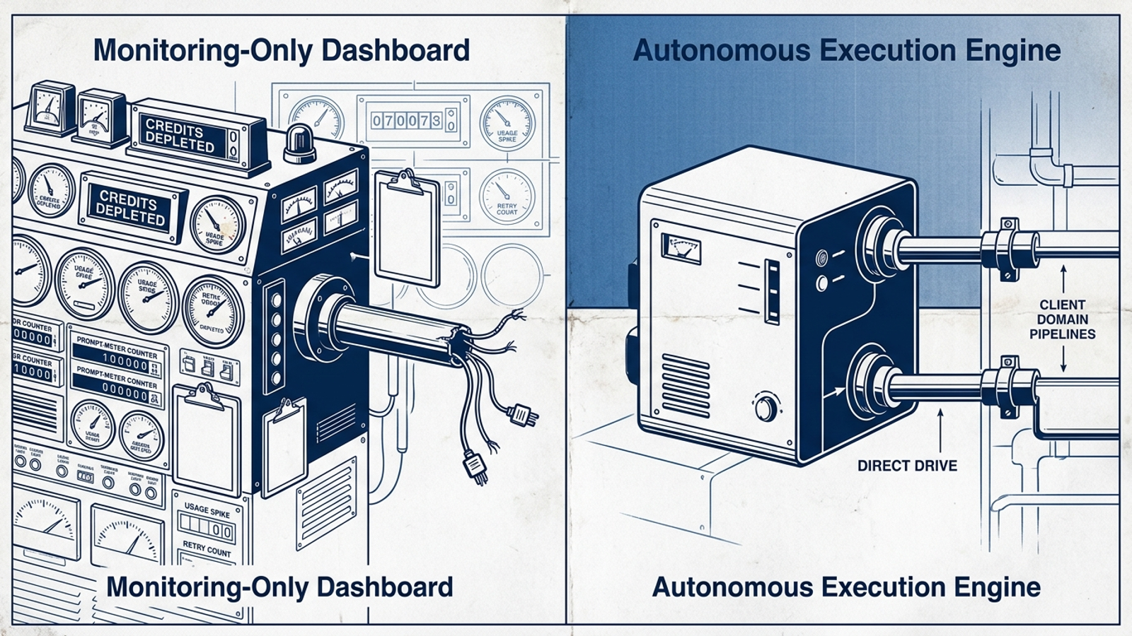 Monitoring dials leading nowhere beside a direct-drive execution engine