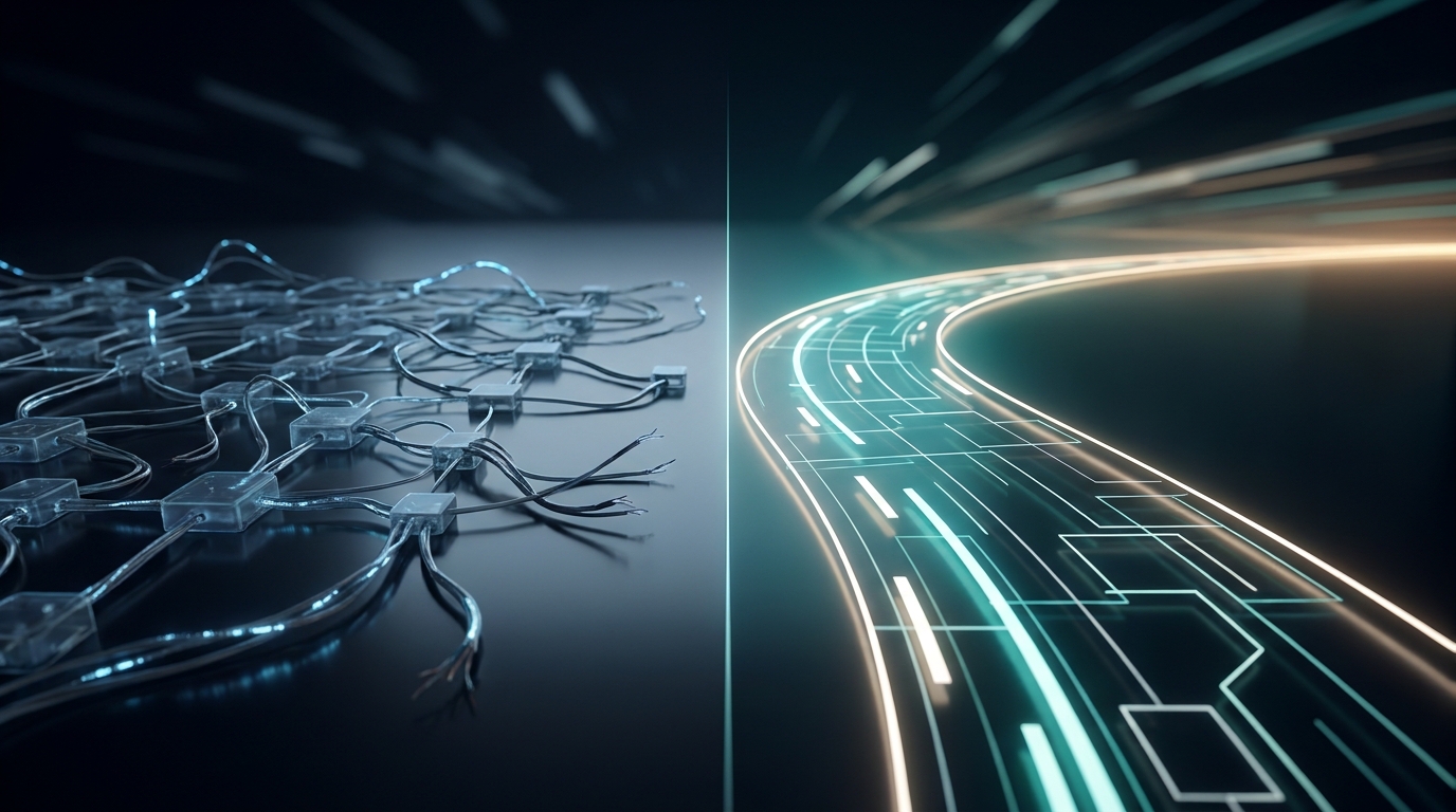 A split scene with two paths: one dim and tangled, the other clear and illuminated.
